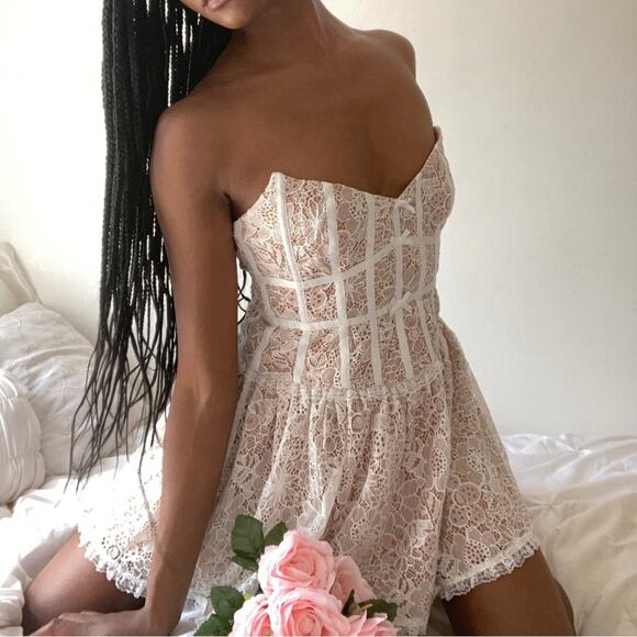 For Love & Lemons Jelena White Tan Lace Strapless Mini Dress Women’s Size Medium - Picture 11 of 14